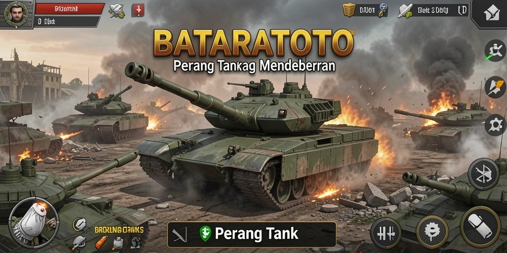Screenshot menunjukkan tampilan pertempuran tank yang intens.
