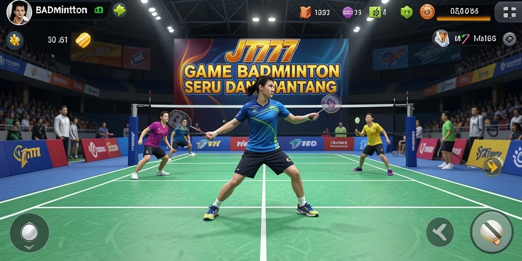 Tampilan antarmuka JT777 menampilkan keramaian lapangan Badminton yang hidup.
